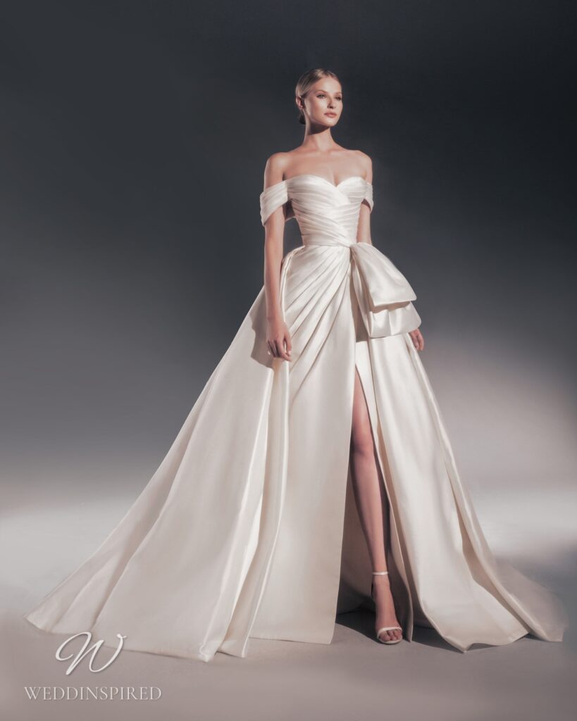 zuhair murad 2022 wedding dress off the shoulder satin princess ball gown