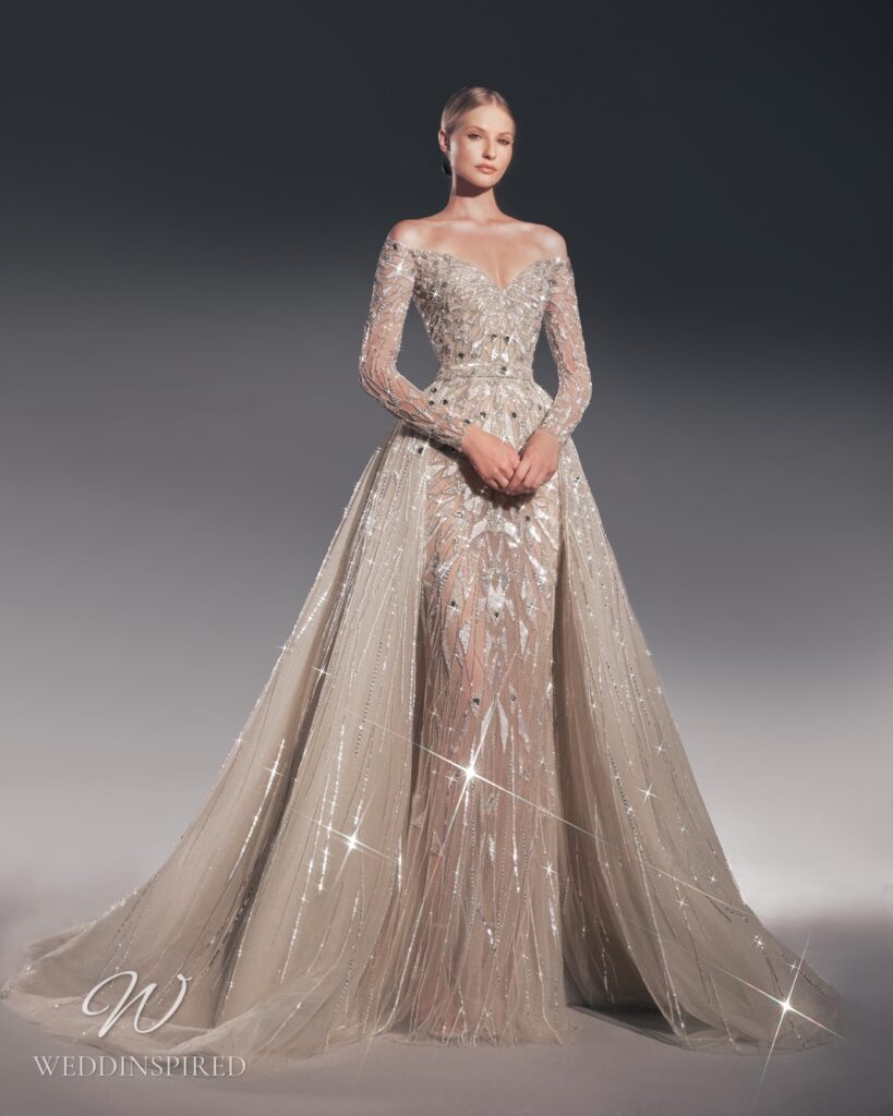 zuhair murad 2022 wedding dress sparkly blush mermaid long sleeves detachable skirt