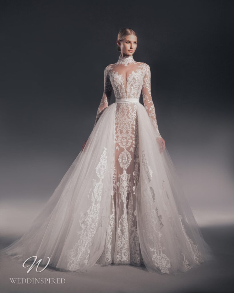 zuhair murad 2022 wedding dress lace mermaid long sleeves tulle detachable skirt