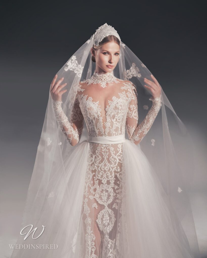 zuhair murad 2022 wedding dress lace mermaid long sleeves tulle detgachable skirt