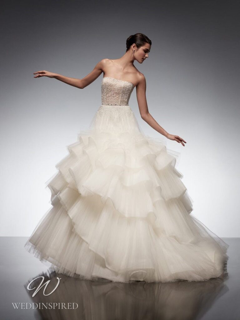 nicole milano 2022 wedding dress algedi strapless tulle princess ball gown layered ruffle skirt
