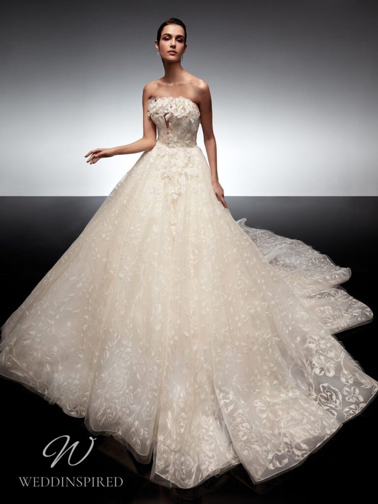 nicole milano 2022 wedding dress diopsite strapless tulle blush princess ball gown