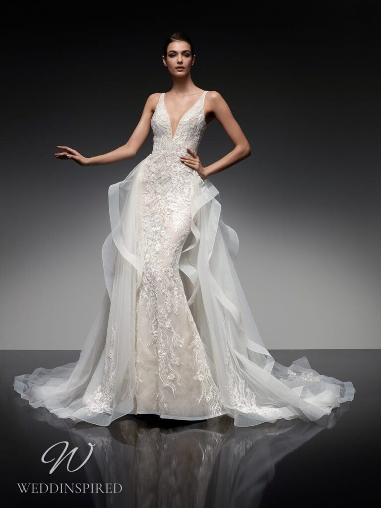 nicole milano 2022 wedding dress mirach lace mermaid v neck tulle detachable skirt