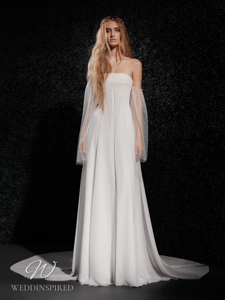vera wang 2022 wedding dress mylene boho simple sheath off the shoulder