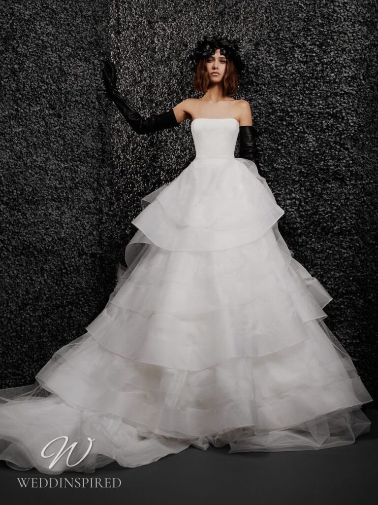 vera wang 2022 wedding dress nolwenn strapless tulle princess mermaid layered ruffle skirt