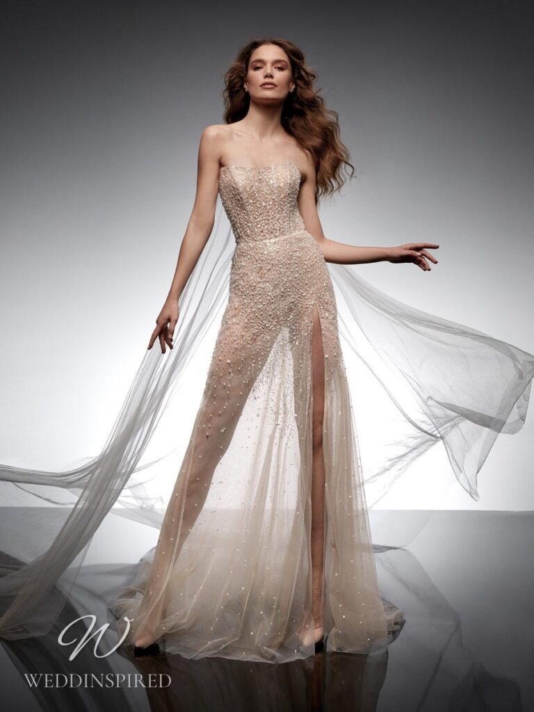 nicole milano 2022 wedding dress perla strapless blush sheath