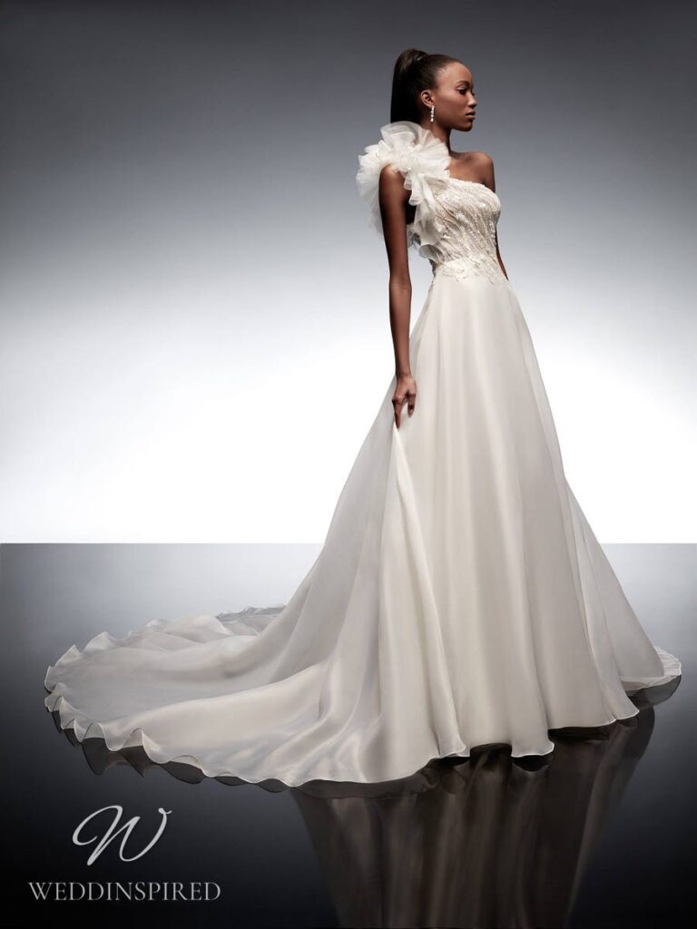 nicole milano 2022 wedding dress realgar one shoulder satin a-line