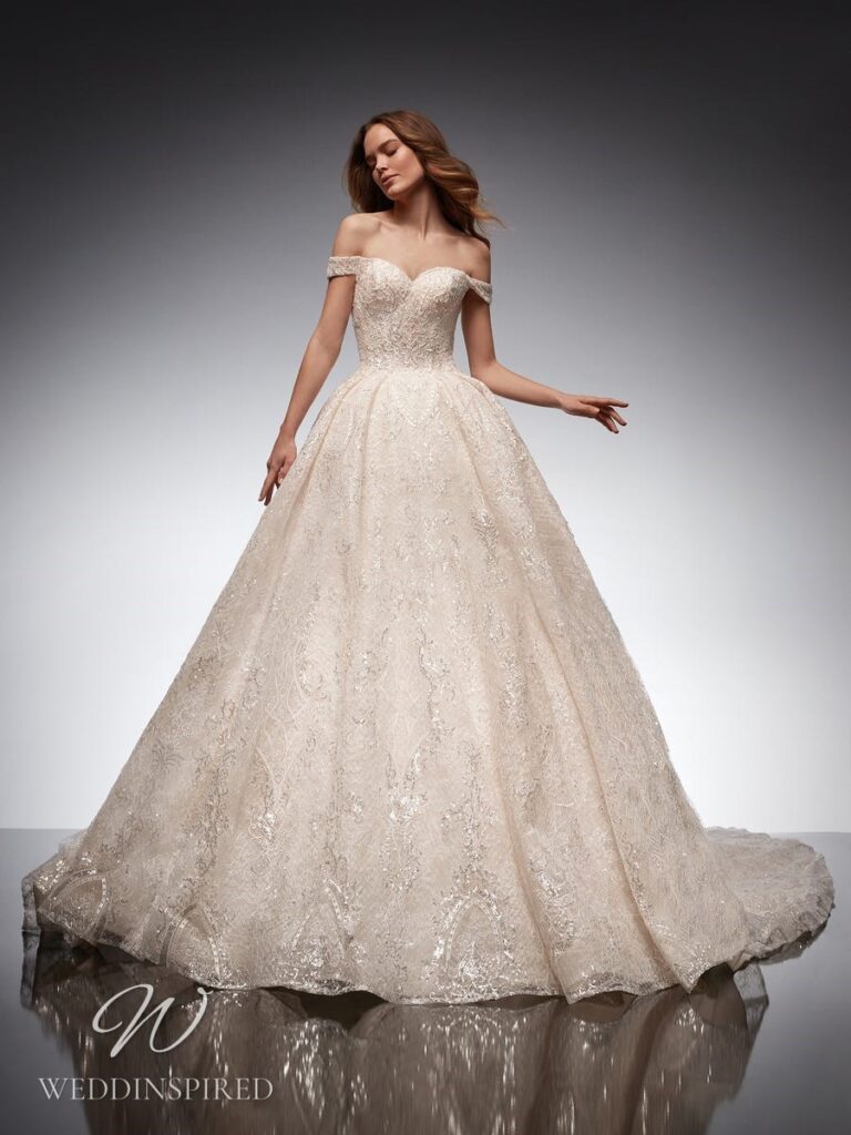 nicole milano 2022 wedding dress shay blush lace princess ball gown